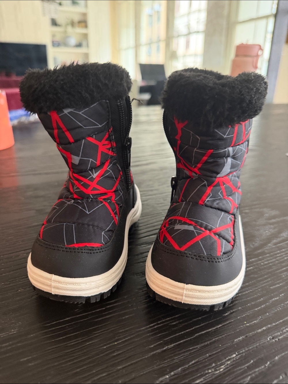 Kids Black Winter Snow Boots with Red Accents and Faux Fur Cuff